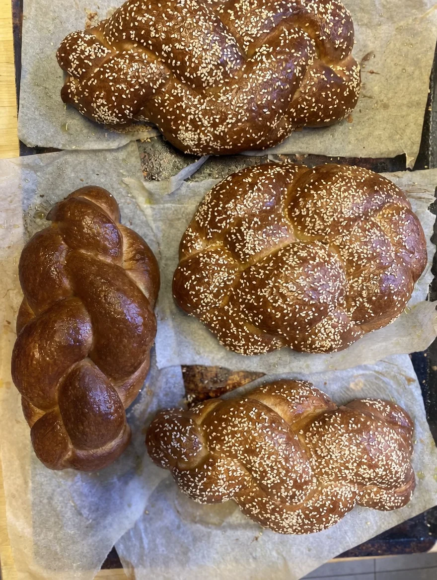 Freshly baked braided challah with sesame seeds
