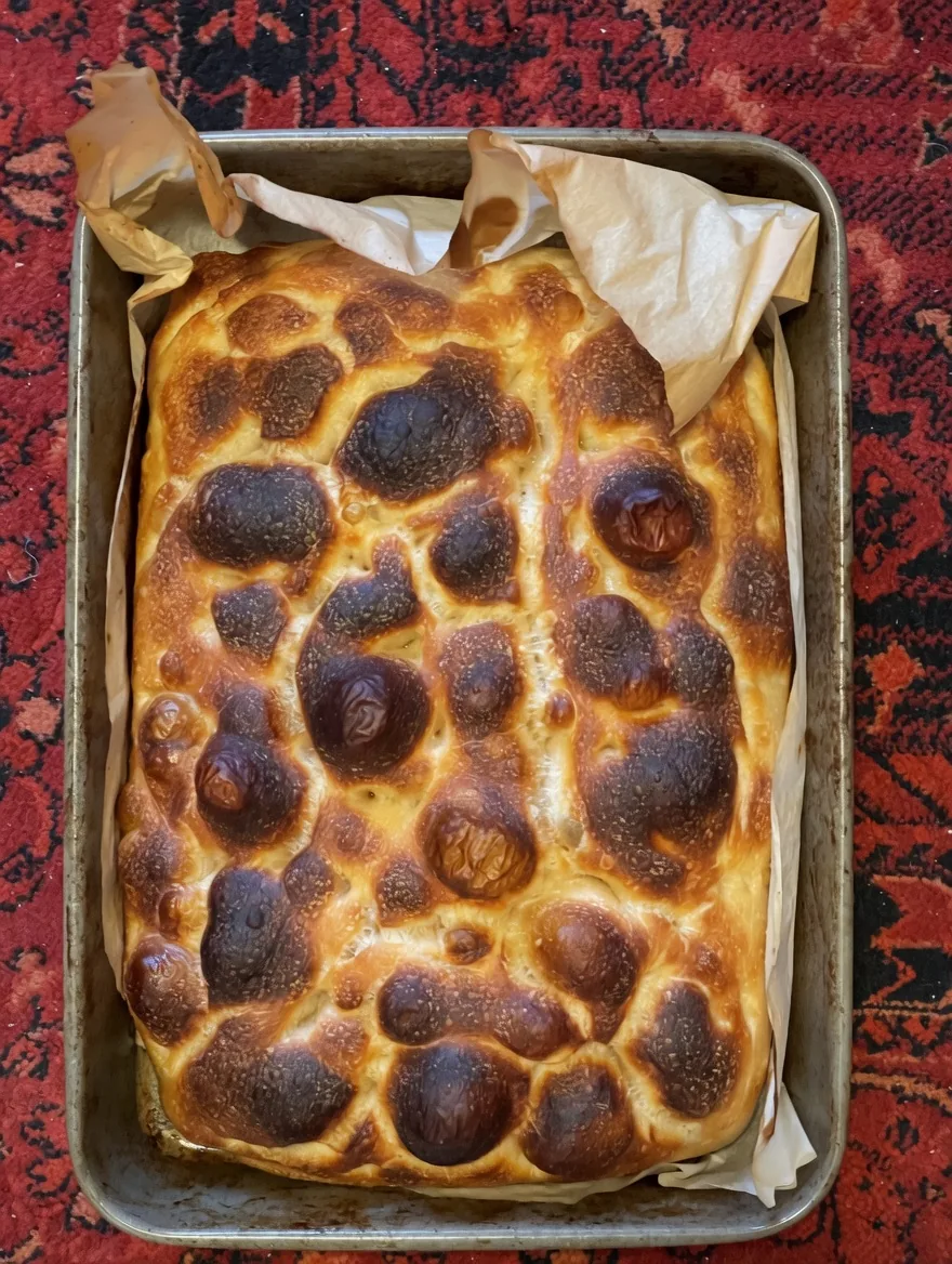 Golden focaccia baked in a tray